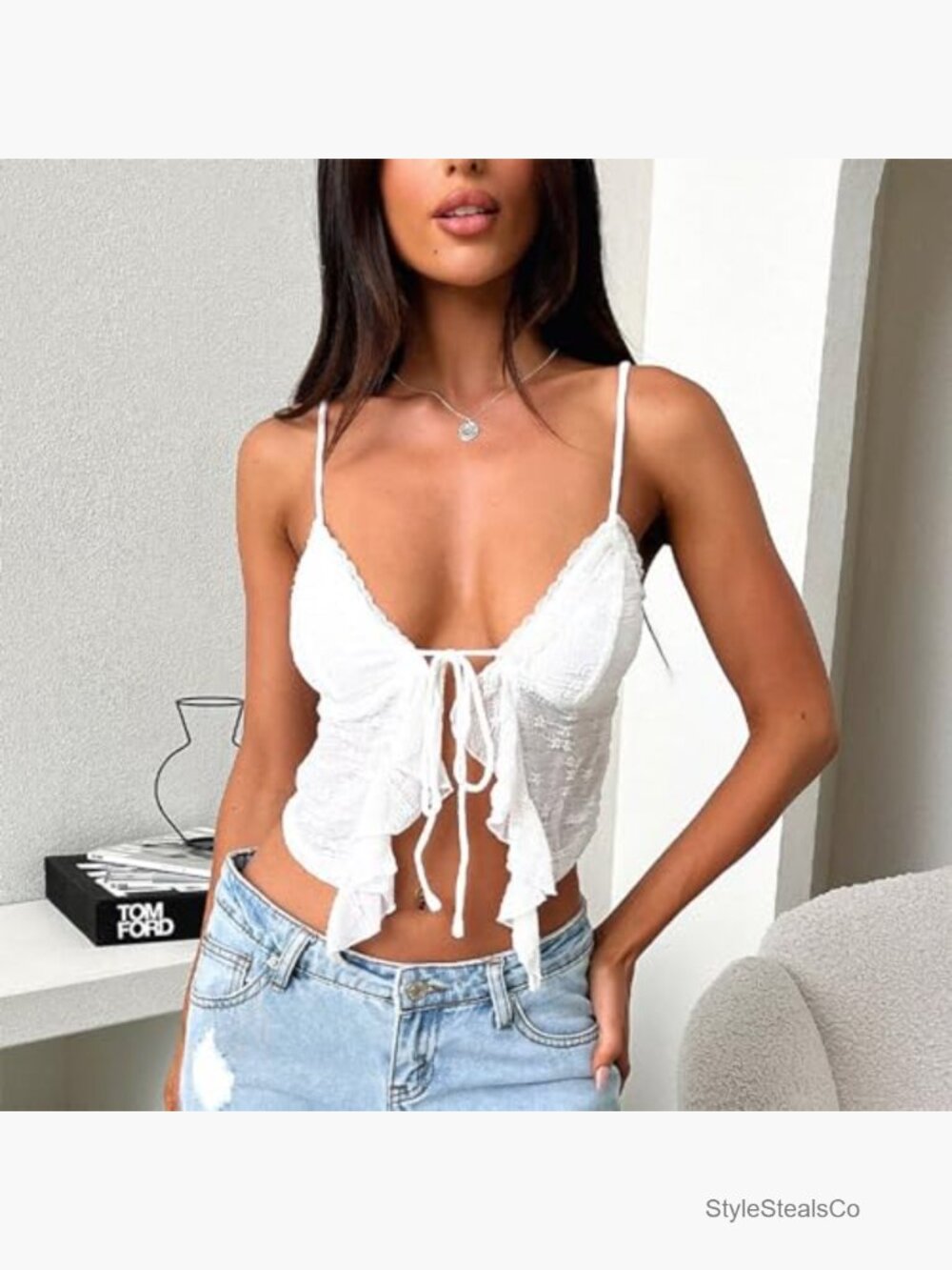 Lace Trim Tie Up Camisole Crop Top Sleeveless V Neck Summer - Picture 3 of 3